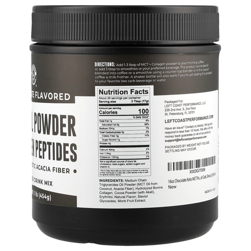 Left Coast Performance, Пептиды коллагена в виде масляного порошка MCT с пребиотической клетчаткой акации, шоколад, 454 г (1 фунт)