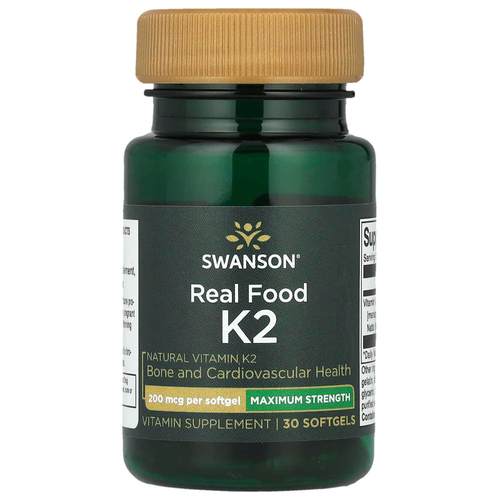 Swanson, Real Food K2, витамин K2, максимальная сила действия, 200 мкг, 30 мягких таблеток