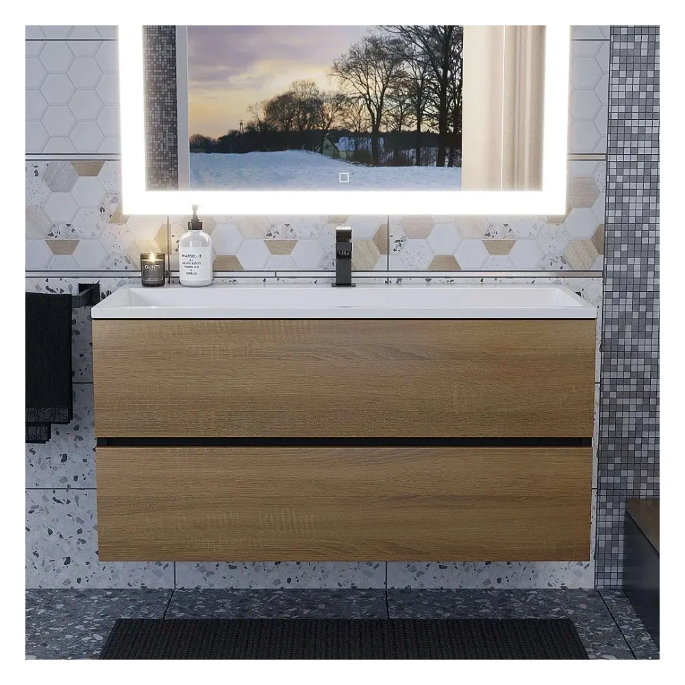 Тумба с раковиной Uperwood Barsa 100 см, раковина белая, подвесная тумба черная/дуб сонома