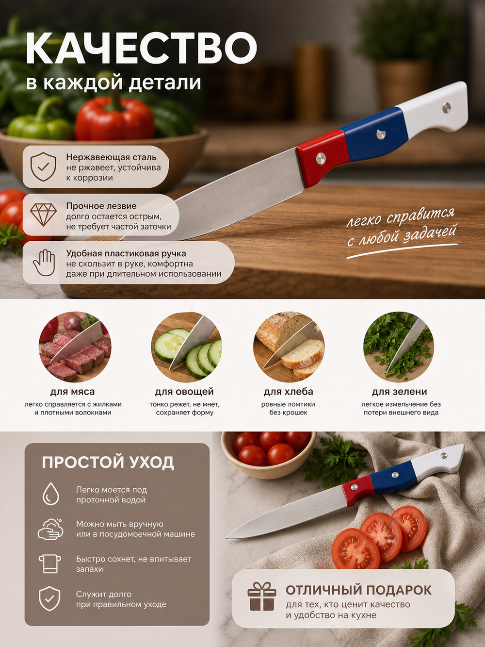 Нож кухонный «Триколор» 15см