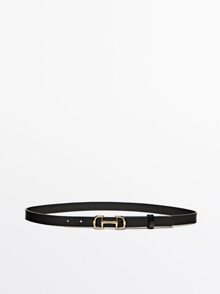Massimo Dutti Кожаный ремень с двойной пряжкой, черный