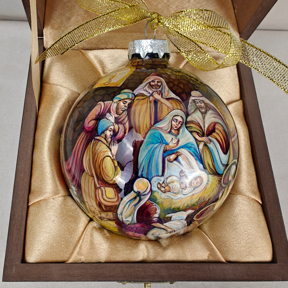 Коллекционный елочный шар с росписью Палех "Рождество Христово" в футляре