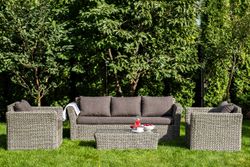 "Капучино" диван из искусственного ротанга (гиацинт) трехместный с подушками, цвет серый