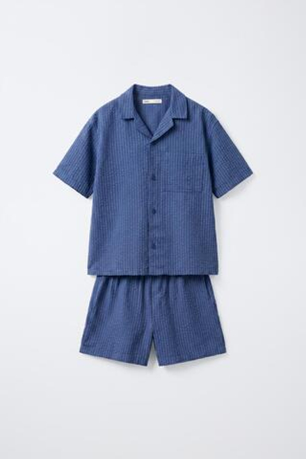 ZARA ПИЖАМА-РУБАШКА ИЗ СИРСАКЕРА С МОДАЛОМ, СИНИЙ