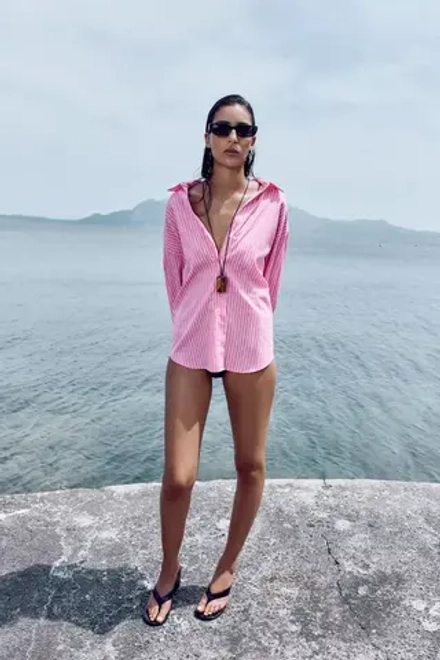ZARA РУБАШКА ИЗ ПОПЛИНА, РОЗОВЫЙ