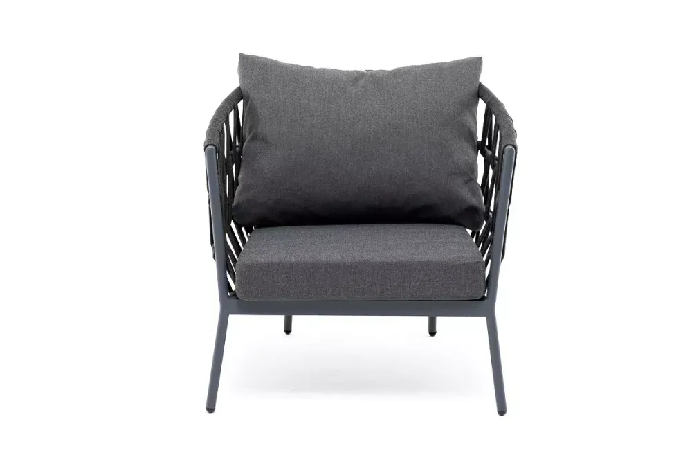 "Диего" кресло плетеное из роупа, каркас алюминий темно-серый (RAL7024) муар, роуп темно-серый круглый, ткань темно-серая 027