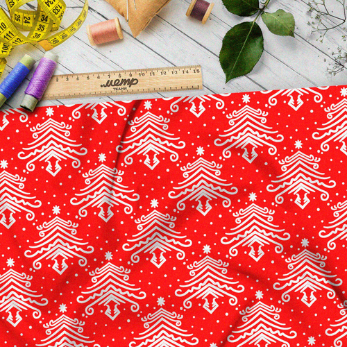 Ткань шелк Армани отзеркаленные белые ёлки на красном фоне