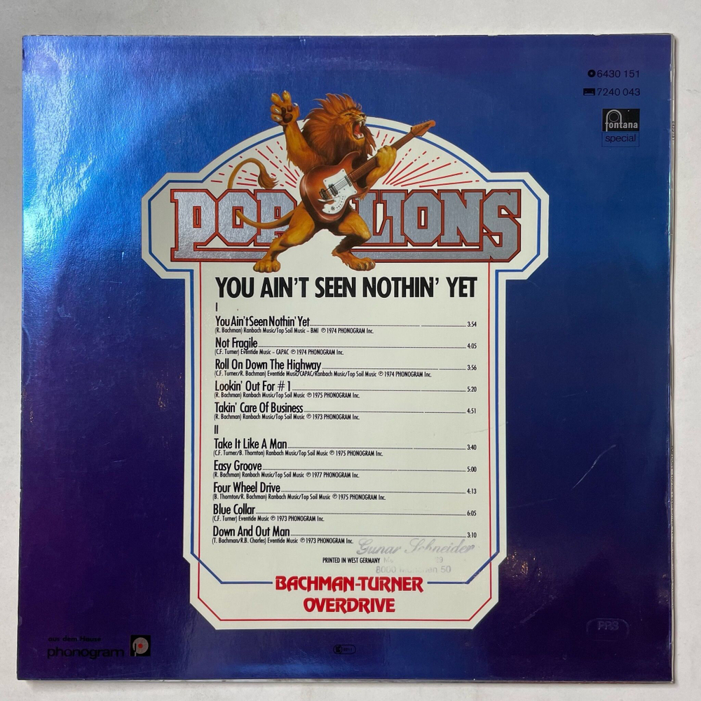 Винтажная виниловая пластинка LP Bachman Turner Overdrive You Aint Seen Nothin Yet (Germany 1977)