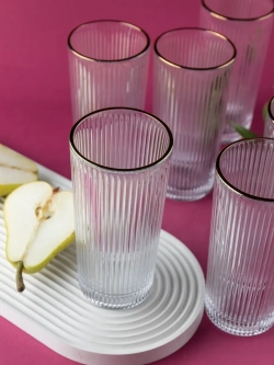 Ребристые бокалы для виски, 330 мл. 6 шт. с золотой каймой