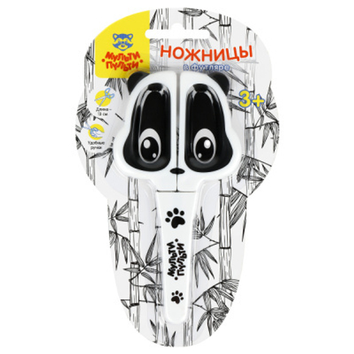 Ножницы детские Мульти-Пульти "Приключения Енота" 13см, фигурные ручки "Панда", в футляре, блистер с европодвесом