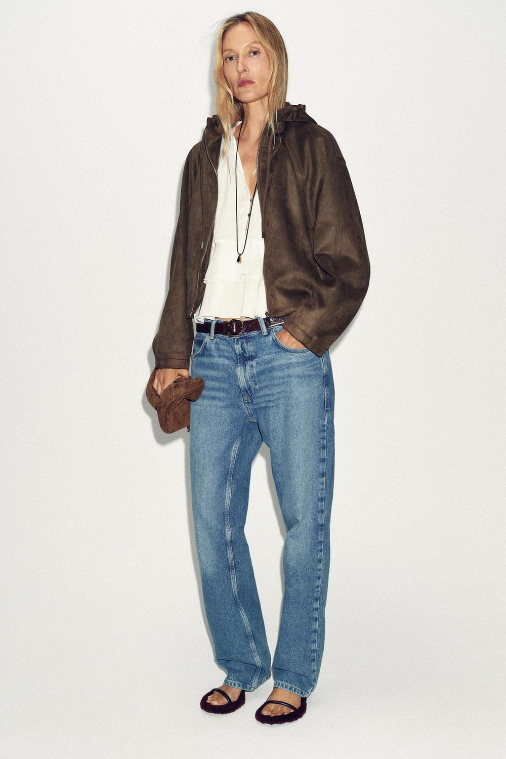 ZARA БОМБЕР ИЗ ИСКУССТВЕННОЙ ЗАМШИ С КАПЮШОНОМ, КОРИЧНЕВЫЙ