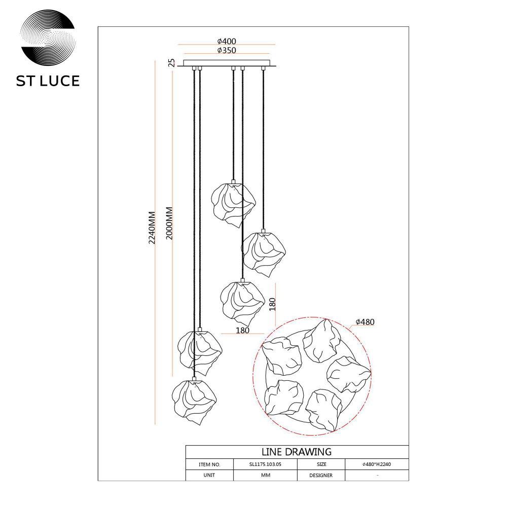 SL1175.303.05 Светильник подвесной ST-Luce Латунь/Янтарный E14 5*40W