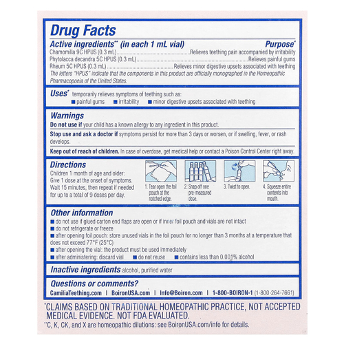 Boiron, Camilia, средство для снятия боли при прорезывании зубов, для младенцев от 1 месяца и старше, 15 заранее отмеренных жидких доз, 1 мл (0,34 жидк. унций) каждая