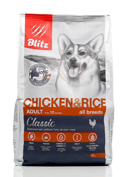Blitz 2кг Classic Chicken&Rice Сухой корм для собак всех пород Курица и рис
