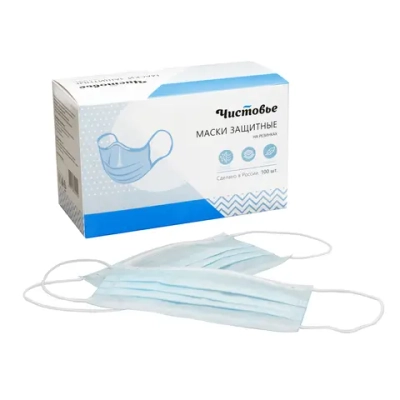 Маска 3-х слойная на резинках Чистовье 100 шт голубая