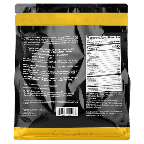 California Gold Nutrition, Sport, изолят сывороточного протеина с органическим тростниковым сахаром и подсолнечным лецитином, со вкусом ванили, 907 г (2 фунта)