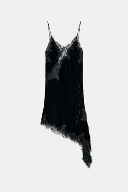 ZARA БАРХАТНОЕ ПЛАТЬЕ С КРУЖЕВОМ — ZW COLLECTION, ЧЕРНЫЙ