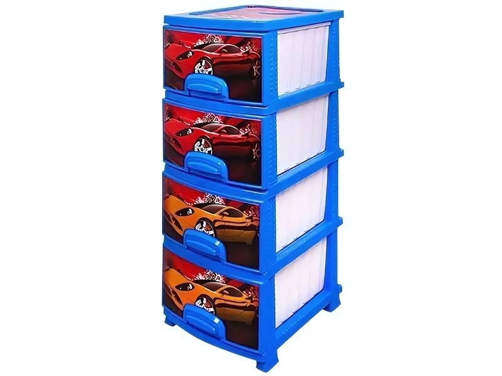 Комод 4-х секционный "Тачки" темно-голубой/белый