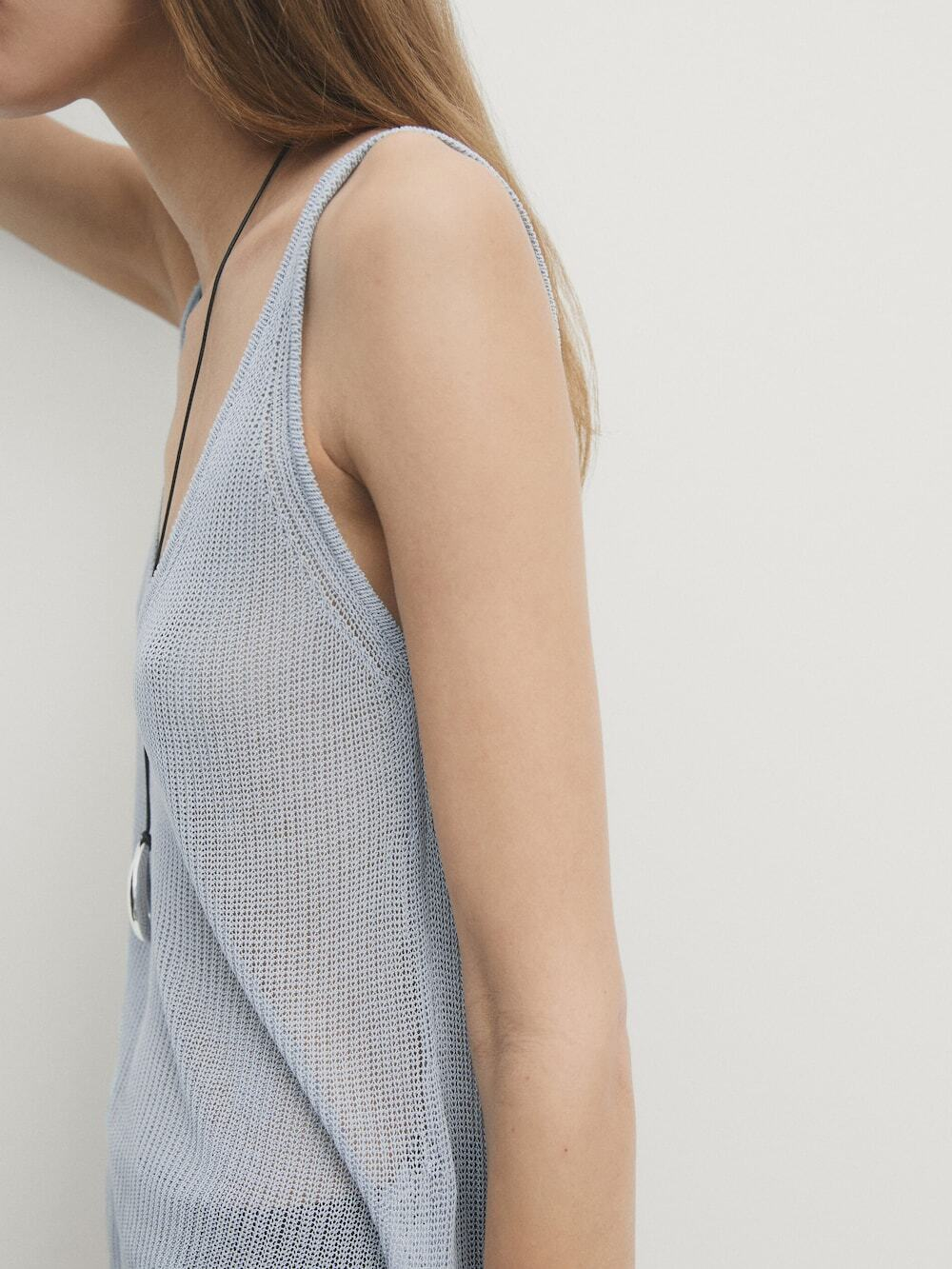 Massimo Dutti Трикотажный топ с декоративной деталью на вырезе и бретелями, серо-синий