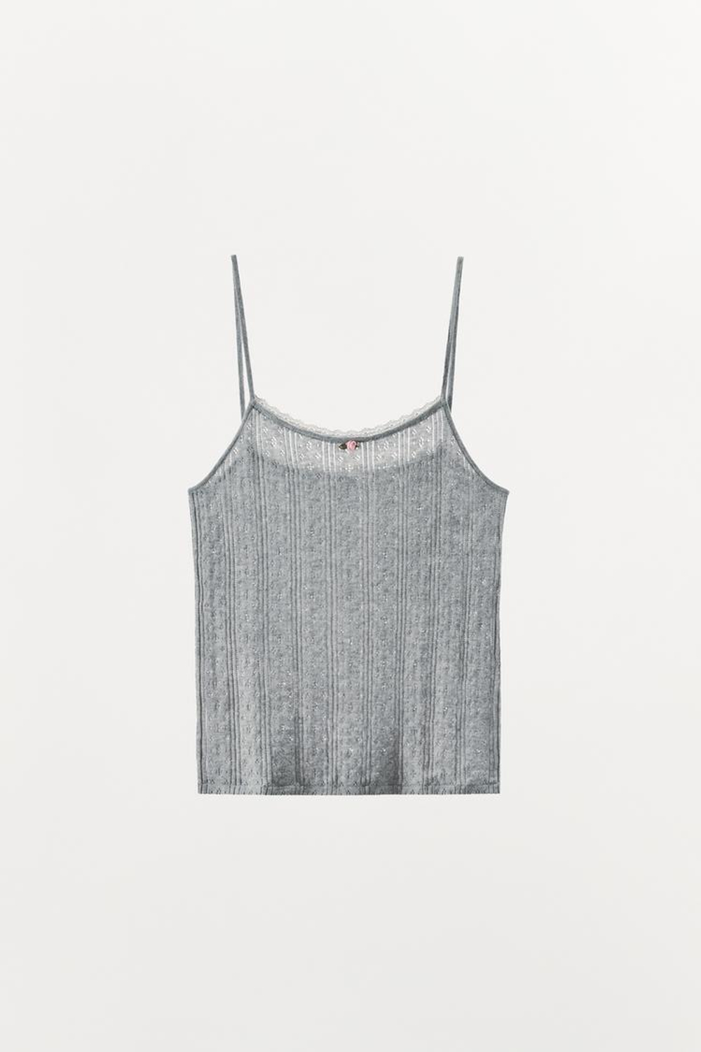 ZARA ТОП НА БРЕТЕЛЯХ С ПЕРФОРАЦИЕЙ И ЦВЕТКОМ, СЕРЫЙ