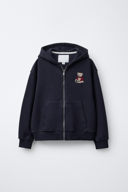 ZARA ТОЛСТОВКА НА МОЛНИИ С ВЫШИВКОЙ «МЕДВЕДЬ», СИНИЙ