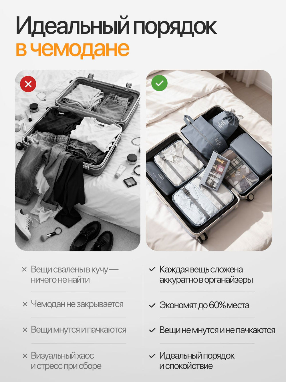 Дорожный набор органайзеров 8 шт-серый, для чемодана и путешествий