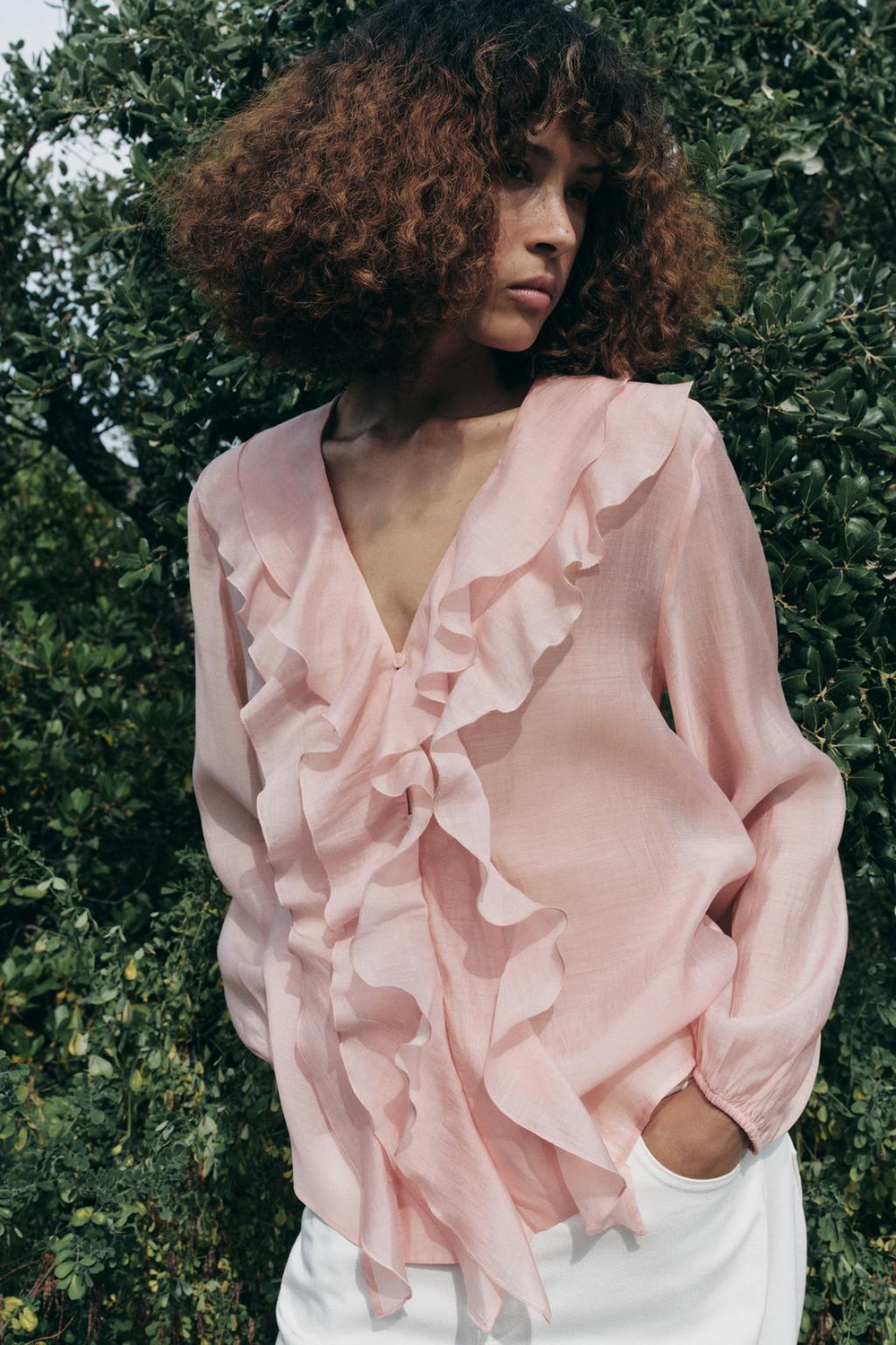 ZARA БЛУЗА С ВОЛАНАМИ — ZW COLLECTION, ПАСТЕЛЬНО-РОЗОВЫЙ