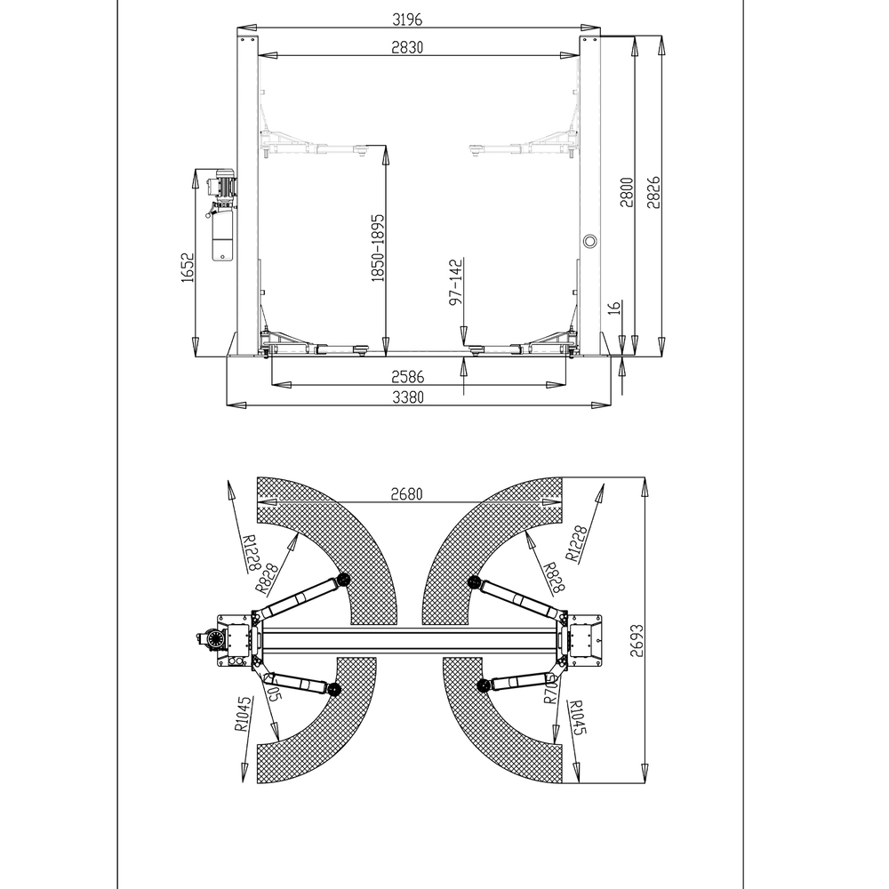 Автоподъемник двухстоечный ROSSVIK T4 г/п 4.0т, 380В, электрогидравлический с нижней синхронизацией