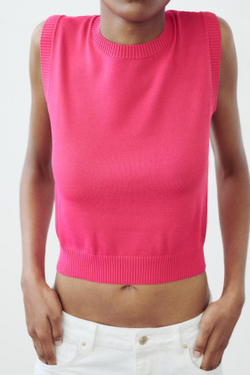 ZARA ОДНОТОННЫЙ ТОП С ОКАНТОВКОЙ В РУБЧИК, ЦВЕТ ФУКСИИ