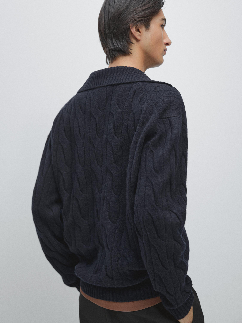 Massimo Dutti Вязаный шерстяной свитер с воротником-поло, темно-синий