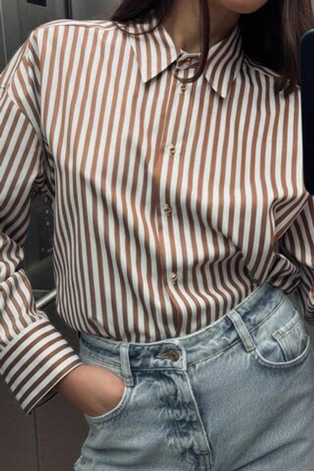 ZARA РУБАШКА В ПОЛОСКУ С БЛЕСТЯЩЕЙ НИТЬЮ, КОРИЧНЕВЫЙ/БЕЛЫЙ