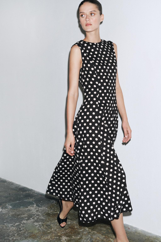ZARA ПЛАТЬЕ МИДИ В ГОРОШЕК — ZW COLLECTION, ЧЕРНЫЙ/БЕЛЫЙ
