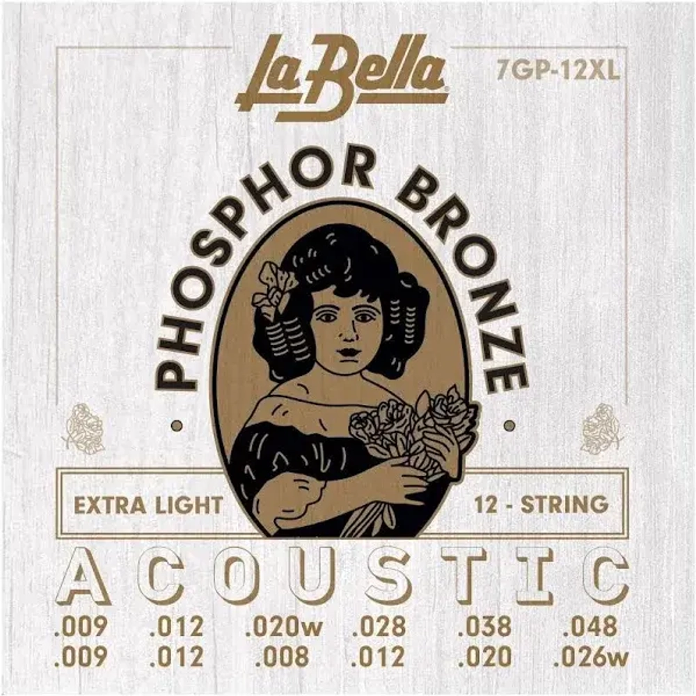 La Bella 7GP12XL Extra Light Комплект струн для акустической 12-струнной гитары, фосфорная бронза. 9/9-12/12-20w/8p-28/12p-38/20p-48/26w.