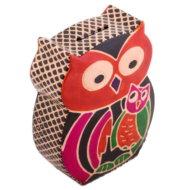Копилка под мелочь Сова с совенком, цвет черный, натуральная кожа, ручной принт 10x8x3 см.