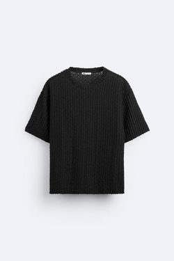 ZARA ФУТБОЛКА ИЗ АЖУРНОГО ТРИКОТАЖА, ЧЕРНЫЙ