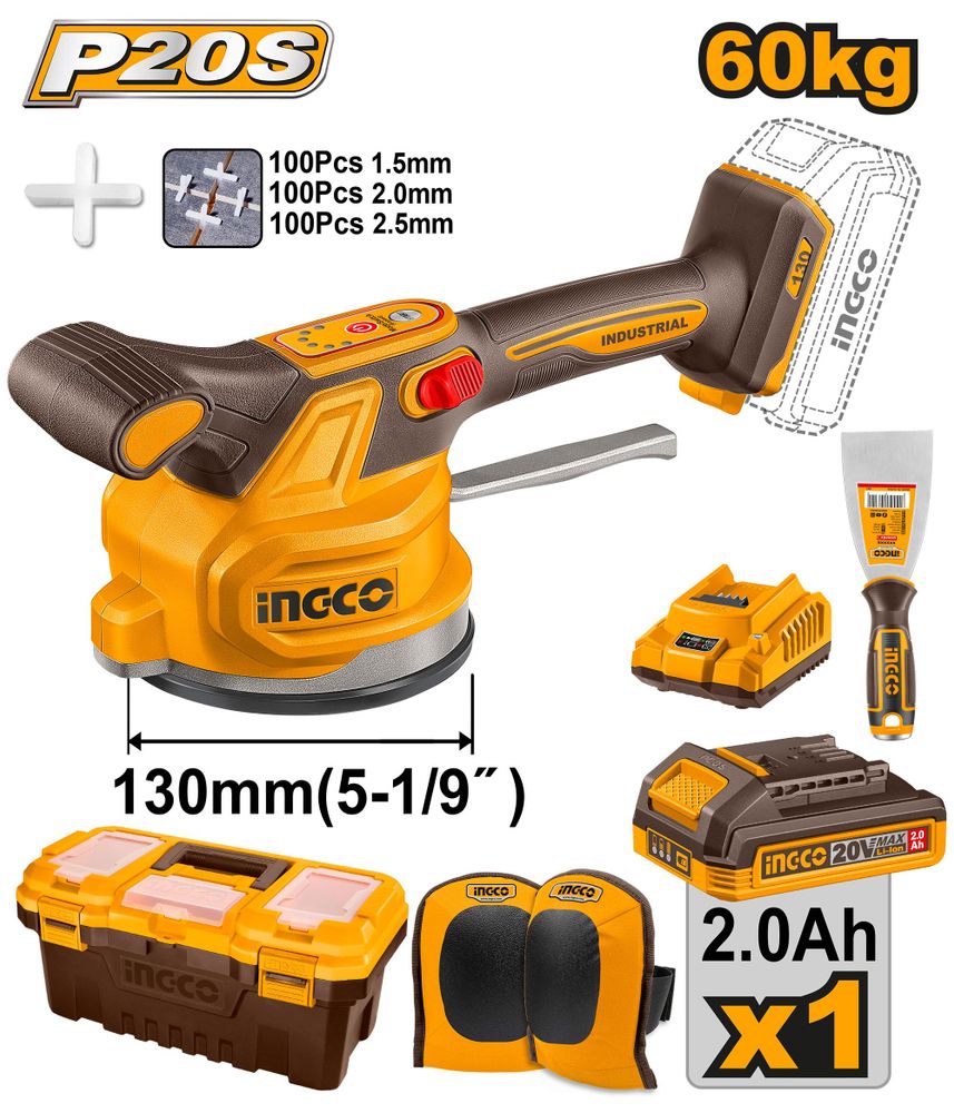 Аккумуляторная виброприсоска для укладки плитки INGCO CTVLI20015 INDUSTRIAL 20 В 1х2Ач