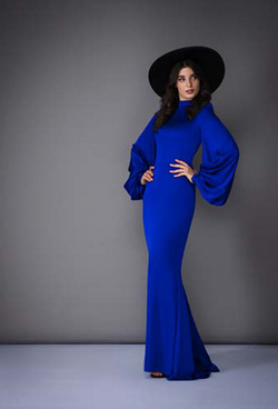 Платье синее силуэта "рыбка" воротник стойка 16-01-21SS