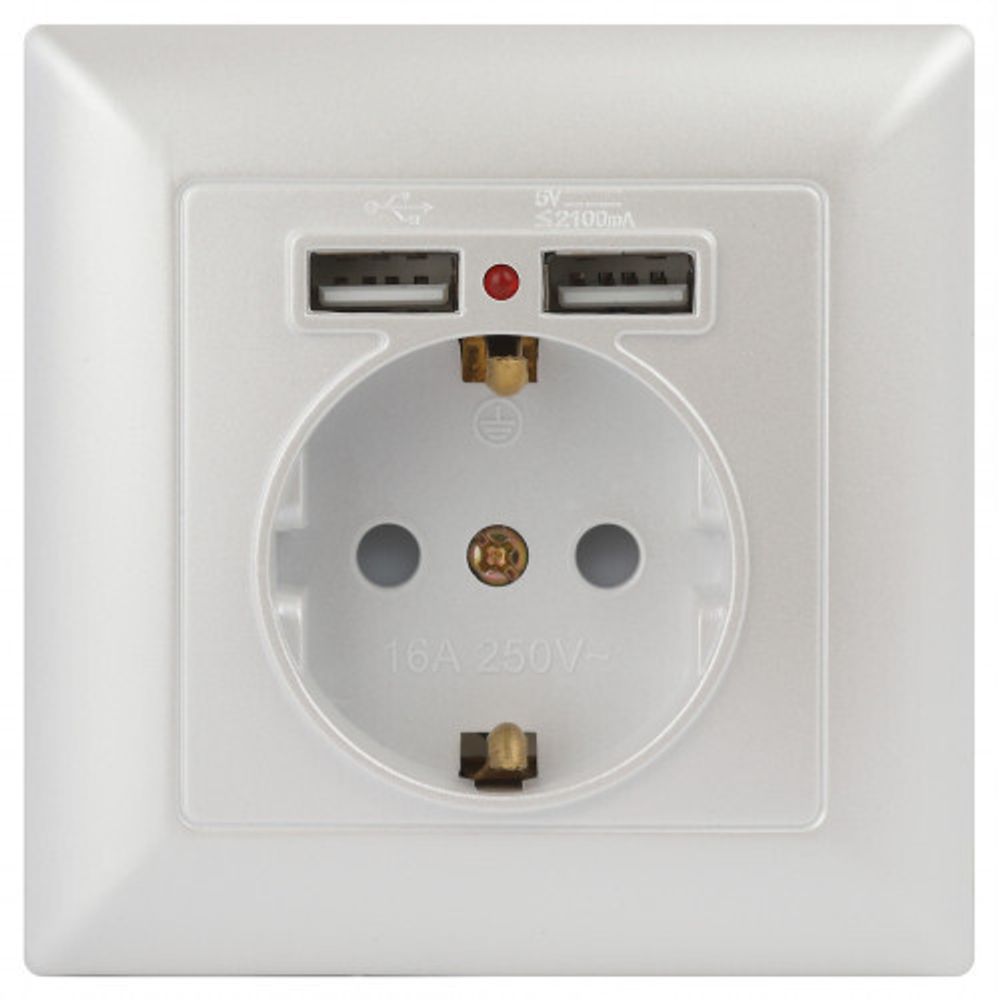 Розетка Intro Solo 4-410-06 с заземлением P+E Schuko со шторками, 16А-250В + 2хUSB, IP20, СУ, перламутр