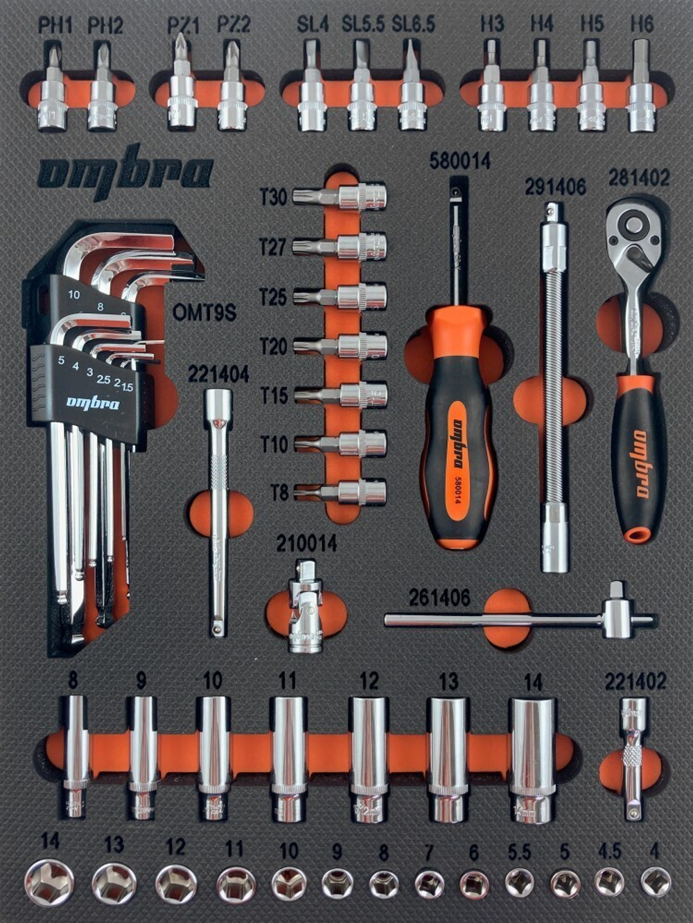 Набор головок торцевых 1/4"DR 41730 мм с аксессуарами в EVA ложементе 280х375 мм, 54 предмета Ombra OMT54STE