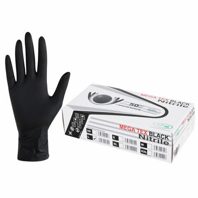 Перчатки нитриловые сверхпрочные с текстурой SFM MEGA TEX BLACK 25 пар (50 штук), размер L (большой).