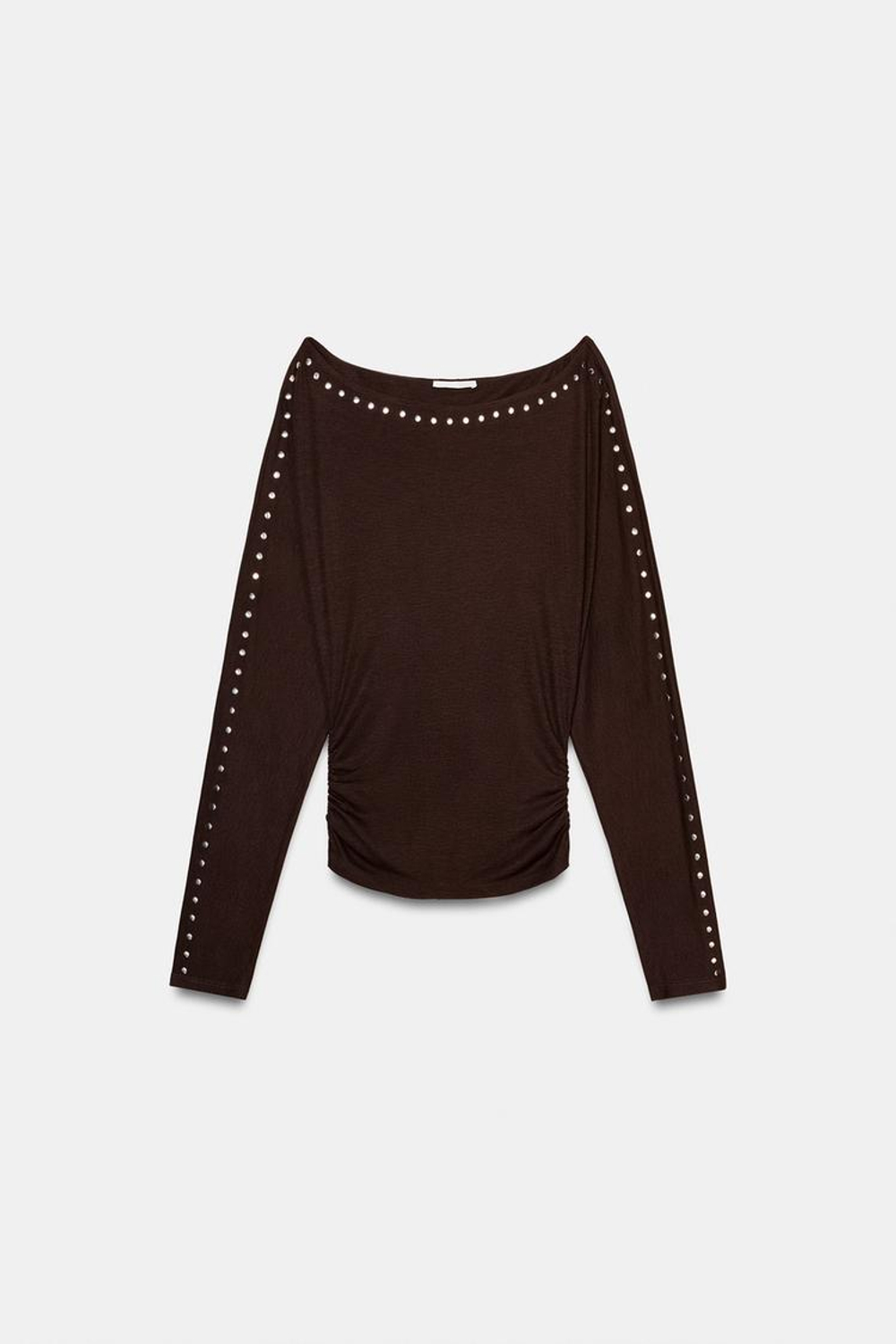 ZARA ФУТБОЛКА С ДЛИННЫМИ РУКАВАМИ И ЗАКЛЕПКАМИ, ТЕМНО-КОРИЧНЕВЫЙ