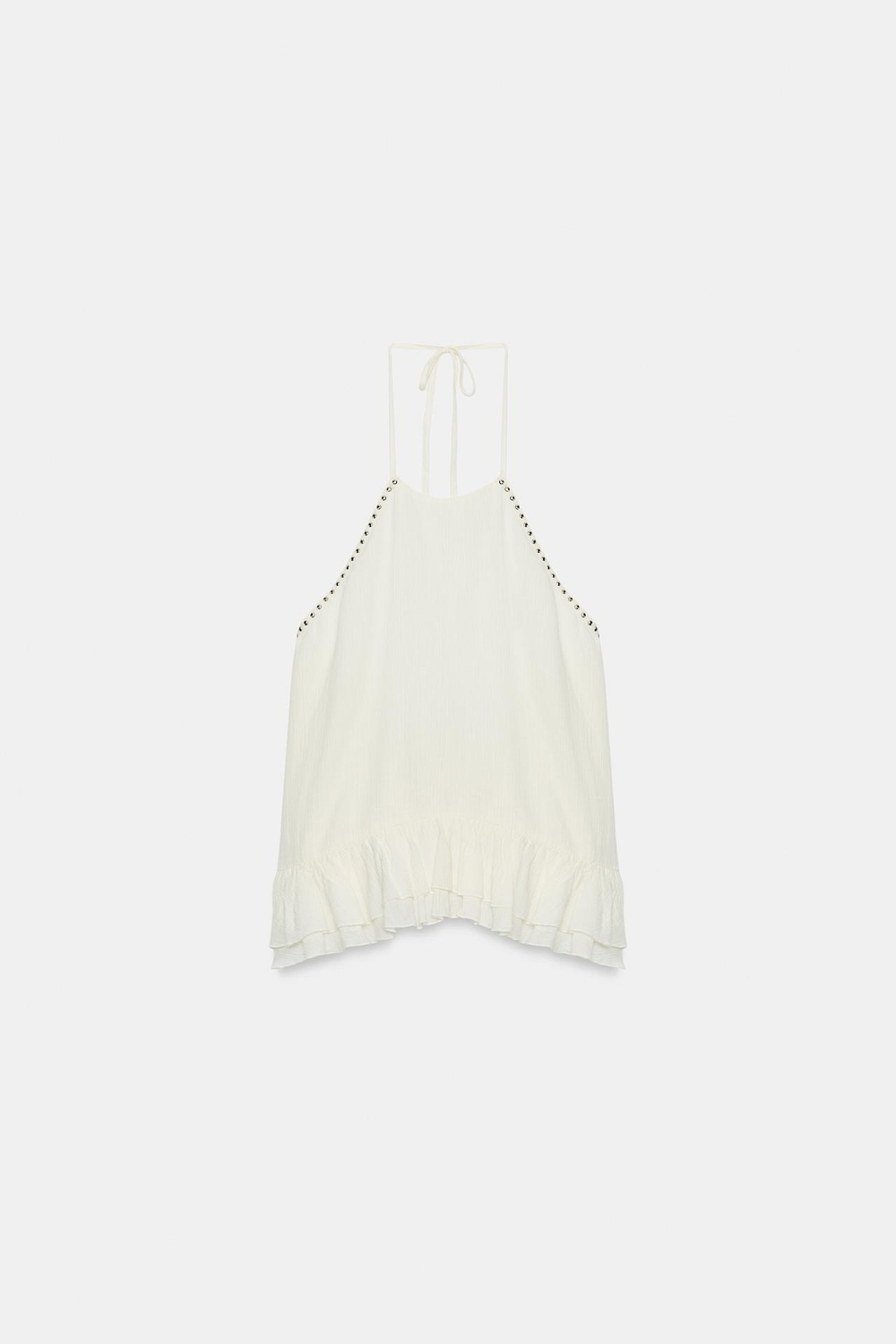 ZARA ТОП С ГОРЛОВИНОЙ ХАЛТЕР, ВОЛАНАМИ И ЗАКЛЕПКАМИ, ЭКРЮ
