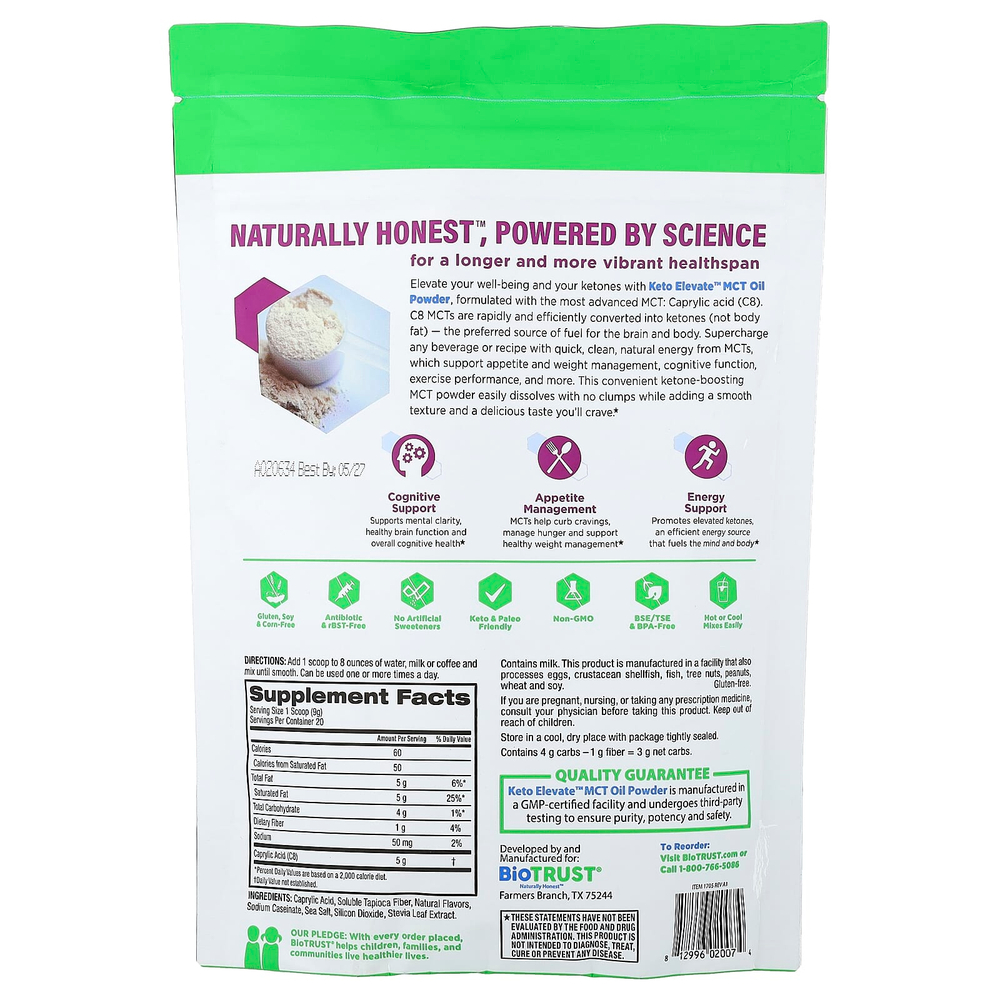BioTRUST, Keto Elevate™, порошок из масла MCT, французская ваниль, 181 г (6,3 унции)