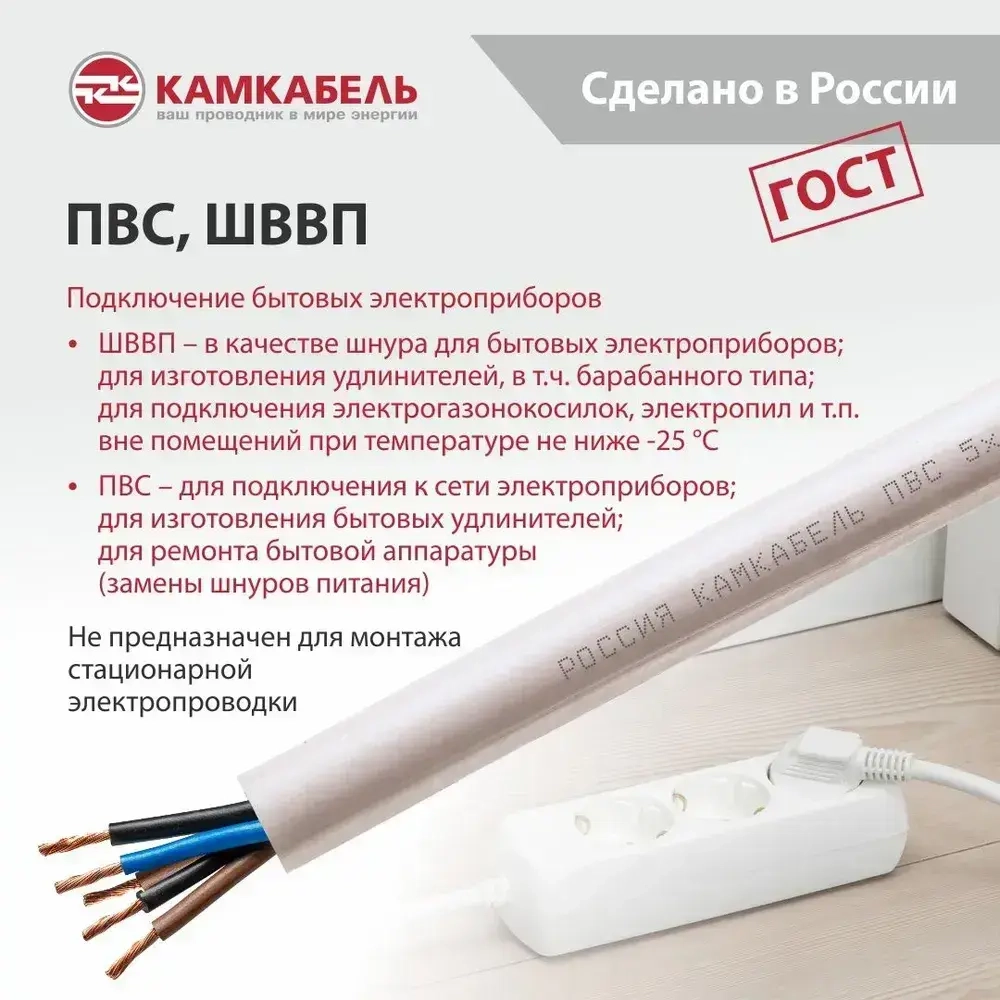 Камкабель Электрический провод ШВВП 2 x 0.5 мм², 20 м, 530 г