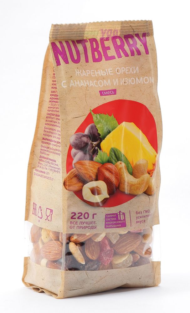 NUTBERRY Смесь жареных орехов с ананасом и изюмом 220 г