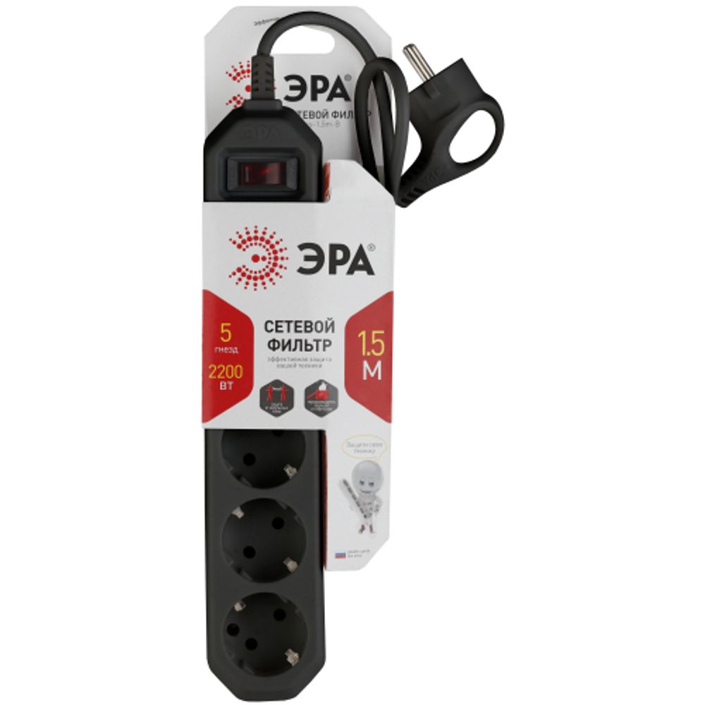 Сетевой фильтр ЭРА USF-5es-1.5m-B с базовой защитой с заземлением с выключателем 5 розеток 1,5м 10А черный