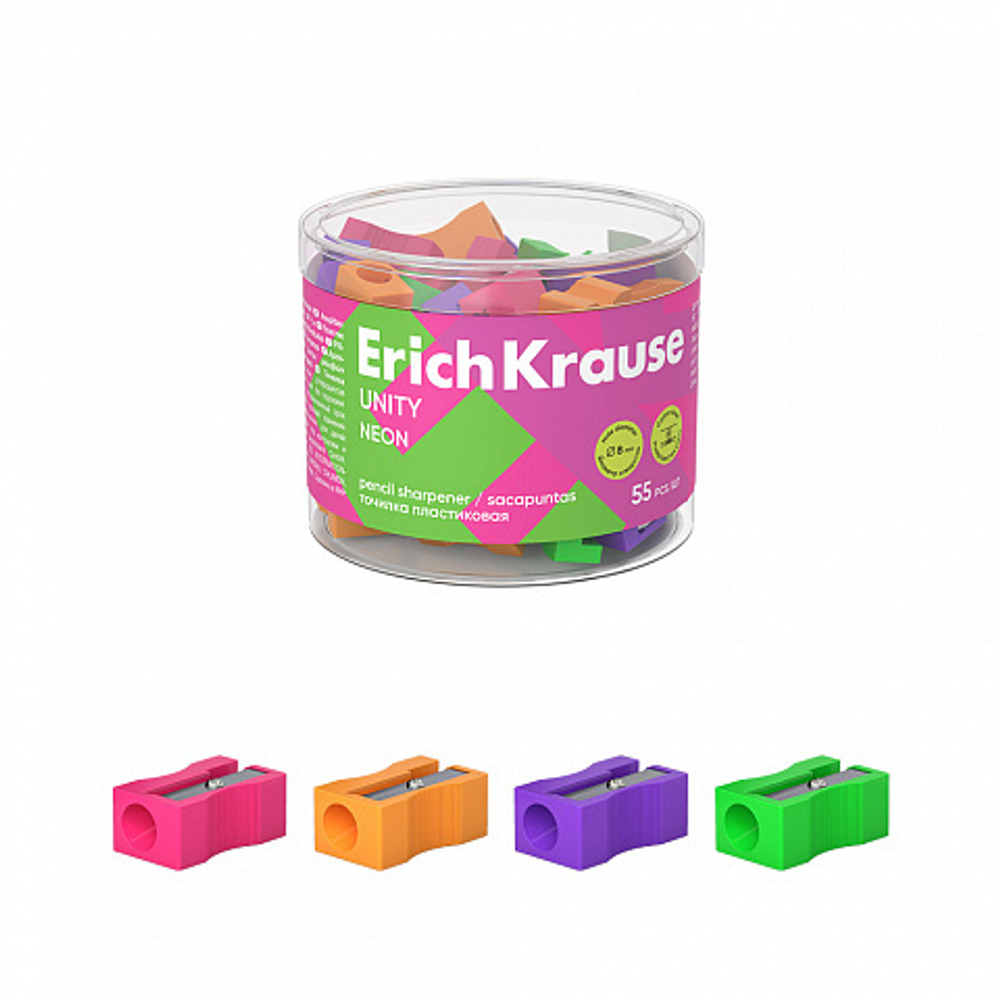 Точилка пластиковая 1 отверстие 10*26мм Unity Neon Erich Krause 38013 ассорти 4 вида