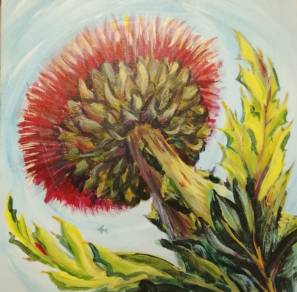 Картина Татарник и самолет. 21 см на 21 см. Акрил на картоне. Авторская живопись, оригинал.