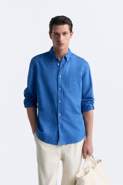 ZARA РУБАШКА ИЗ СМЕСОВОГО ЛЬНА, ЯРКО-СИНИЙ