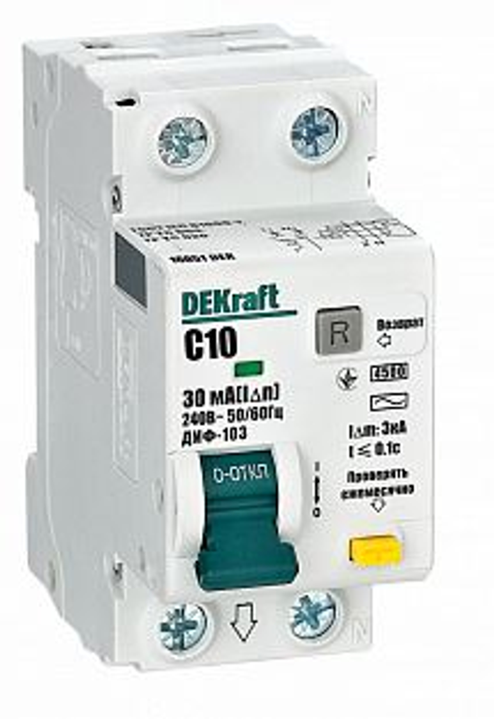 Автоматический выключатель дифференциального тока DEKraft 1Р+N 10А 30мА тип AC х-ка C ДИФ-103 4.5кА